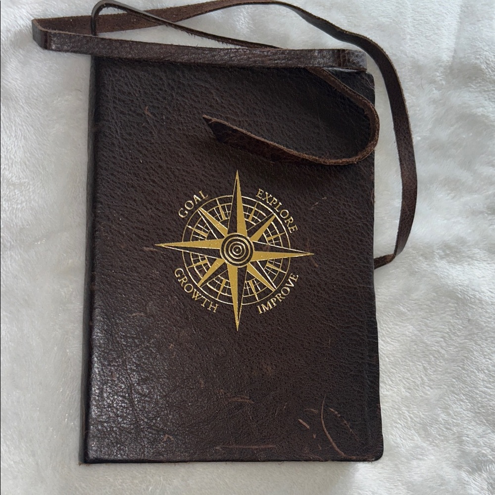 Brown Leather Crossbody Notebook with Compass Design